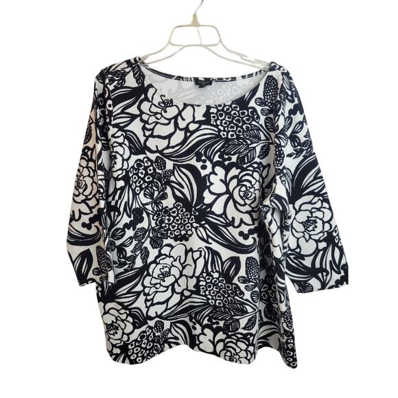 Talbots Black White Floral Boat Neck Textured Bold 3/4 Sleeves Top Women's Sz 2X - Picture 1 of 9